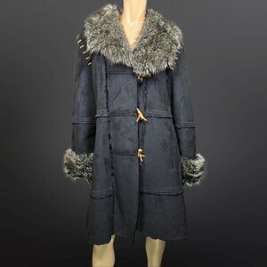Y2K Penny Lane Coat Size L Jones New York Black Faux Suede Faux Fur Trim Boho